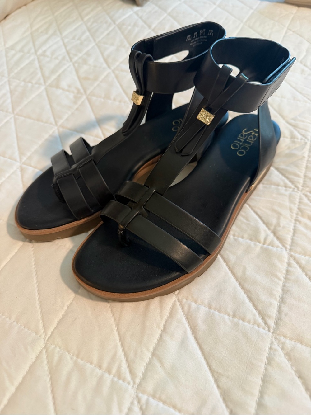 Franco Sarto Black T-Strap Ankle Cuff Sandals with Gold Accent